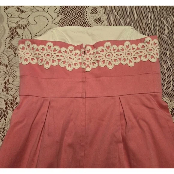 EUC Lilly Pulitzer Sz 0 Pink Betsey Dress Strapless White Lace Embroidery Pleat - Picture 11 of 16